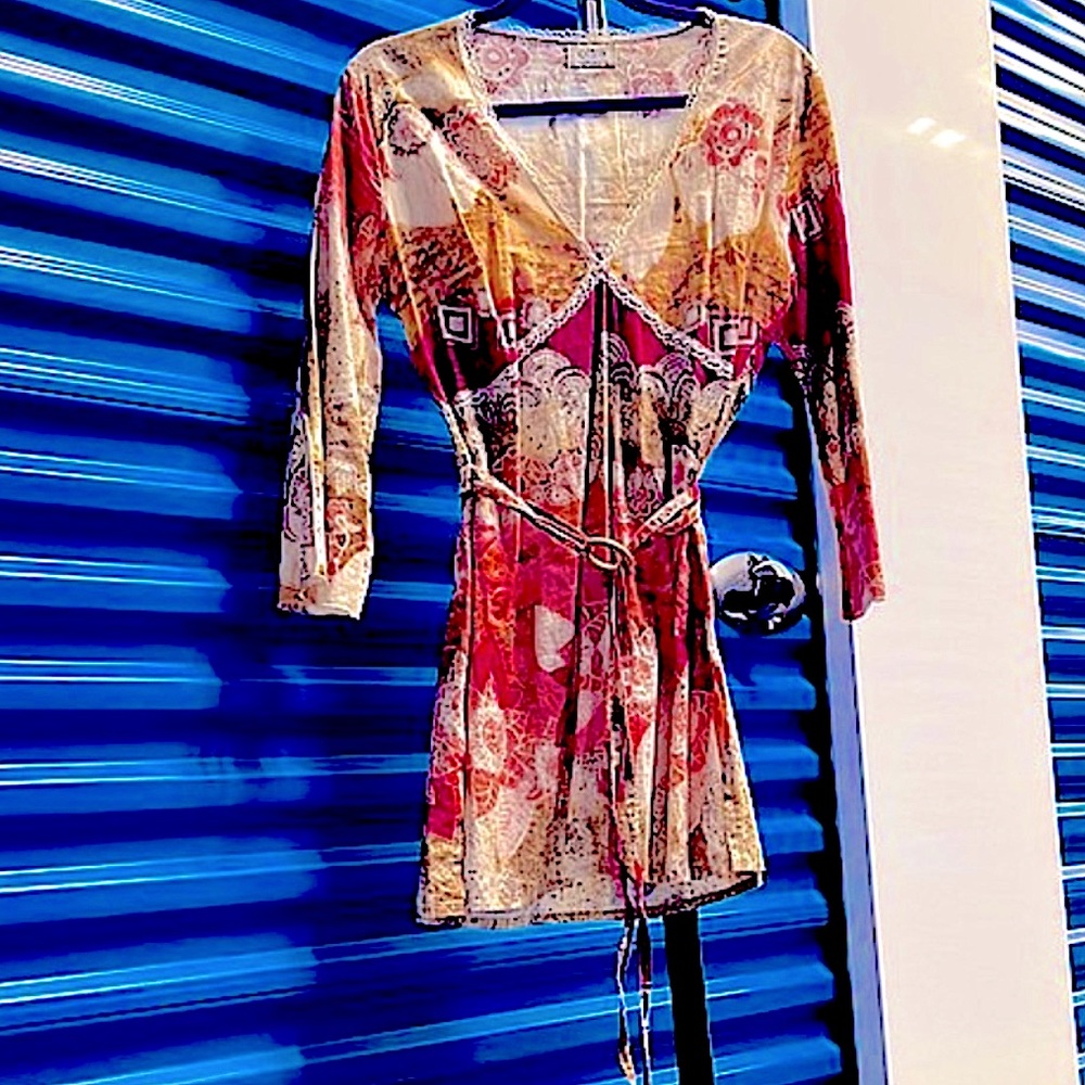 Floral Abstract Patchwork Style, Lightweight, Tie Waist, Side Slit, Festival Top
